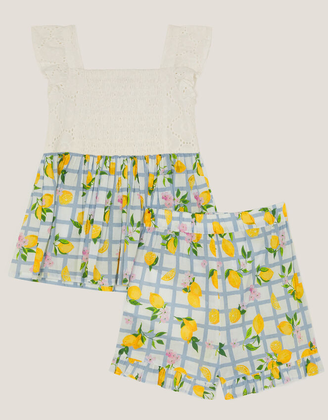 Baby Broderie Top and Lemon Print Shorts Set, Blue (BLUE), large