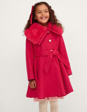 Faux Fur Collar Belted Coat, Red (RED), large