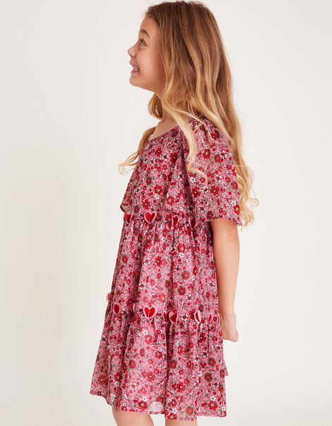 3D Hearts Floral Short Sleeve Dress, Red (RED), large
