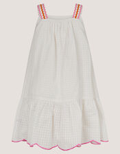 Pineapple Embroidered Scallop Trim Dress, White (WHITE), large