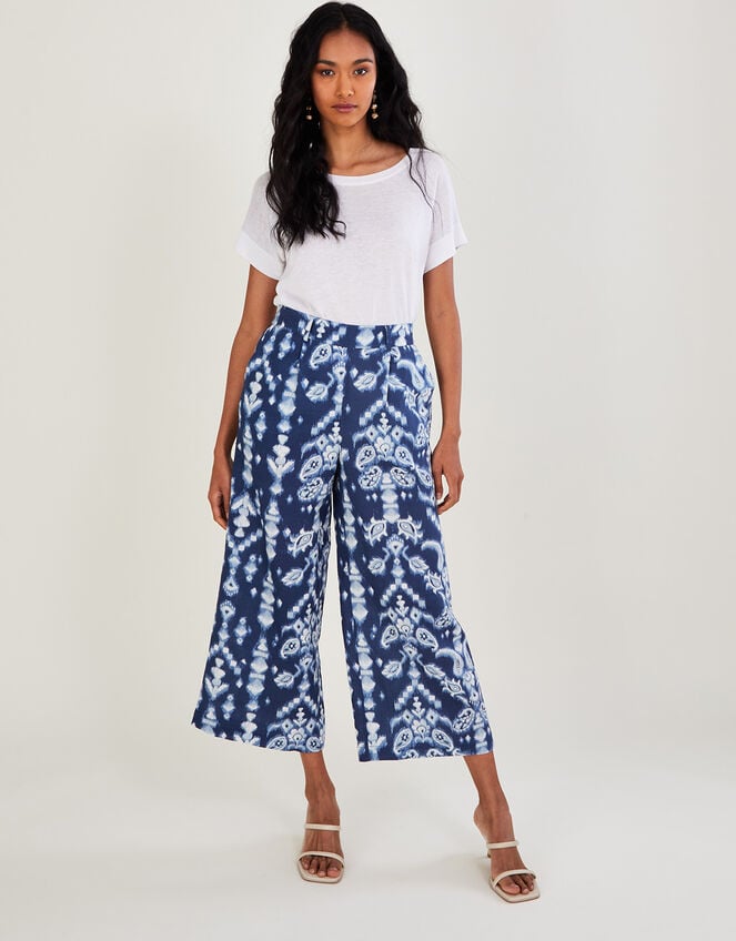 Ikat Print Trousers in Linen Blend, Blue (BLUE), large