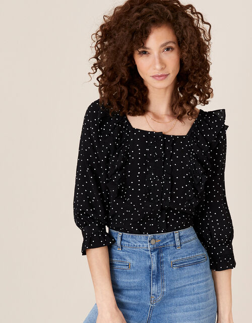 Spot Frill Blouse in Sustainable Viscose, Black (BLACK), large