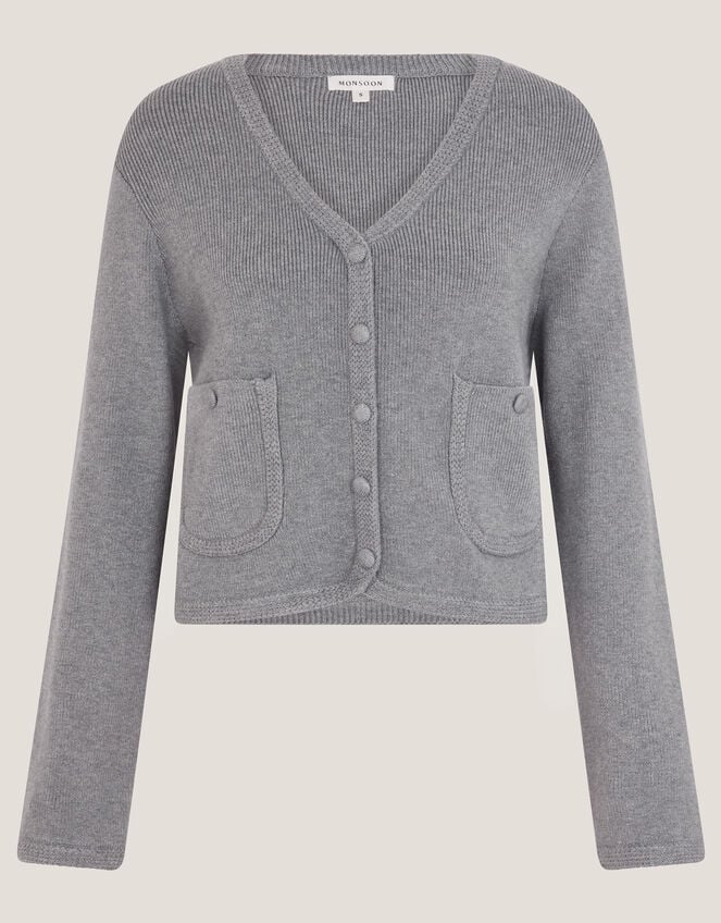 Viola V-Neck Cropped Cardigan, Grey (GREY), large