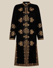 Monsoon x Queens of Archive Kate Long Embroidered Velvet Jacket, Black (BLACK), large