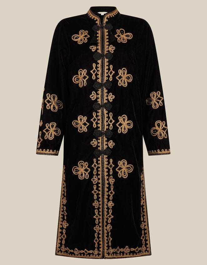 Monsoon x Queens of Archive Kate Long Embroidered Velvet Jacket, Black (BLACK), large