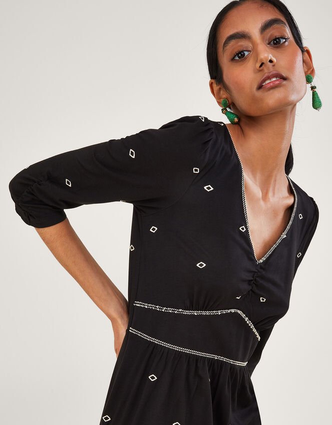 All-Over Embroidered Jersey Midi Dress, Black (BLACK), large
