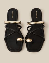 Metal Detail Toe Strap Sandals, Black (BLACK), large