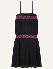 Shirred Woven Dress in Recycled Viscose, Black (BLACK), large