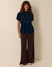 Clemence Eloise Short Sleeve Smocked Velvet Top, Teal (TEAL), large