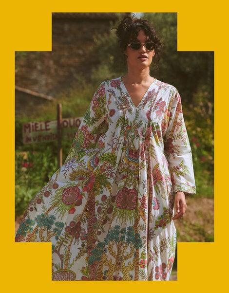 One Hundred Stars Boho Garden Print Maxi Dress, Natural (ECRU), large