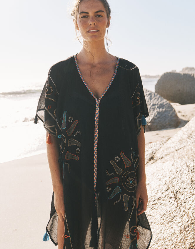 Pelia Embroidered Tassel Mini Kaftan, Black (BLACK), large
