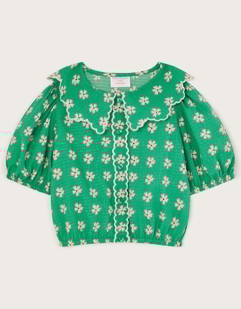 Floral Puff Sleeve Collared Blouse, Green (GREEN), large