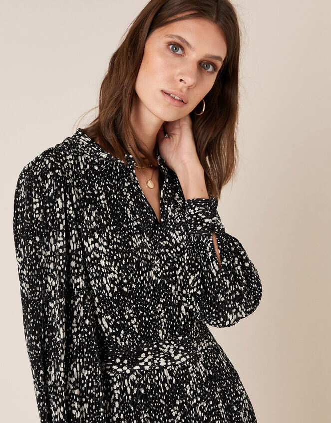 Printed Jersey Plisse Tiered Short Dress, Black (BLACK), large
