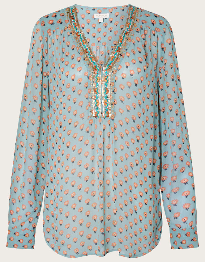 Emery Embellished Trim Blouse in Sustainable Viscose, Blue (TURQUOISE), large