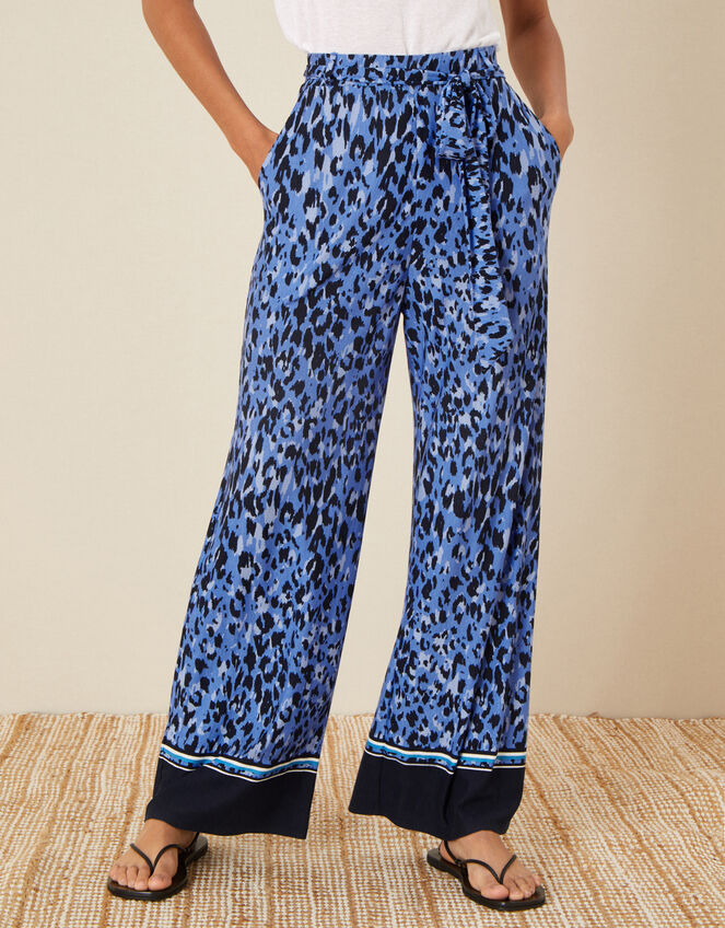 Animal Print Wide Leg Trousers, Blue (BLUE), large