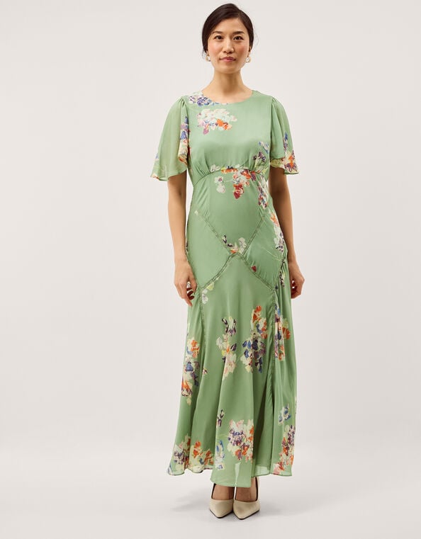 Amber Flutter Floral Print Maxi Dress, Green (GREEN), large