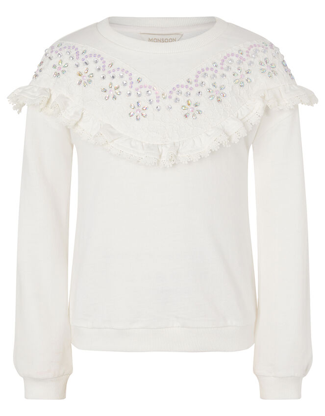 Lace and Gem Sweatshirt, Ivory (IVORY), large