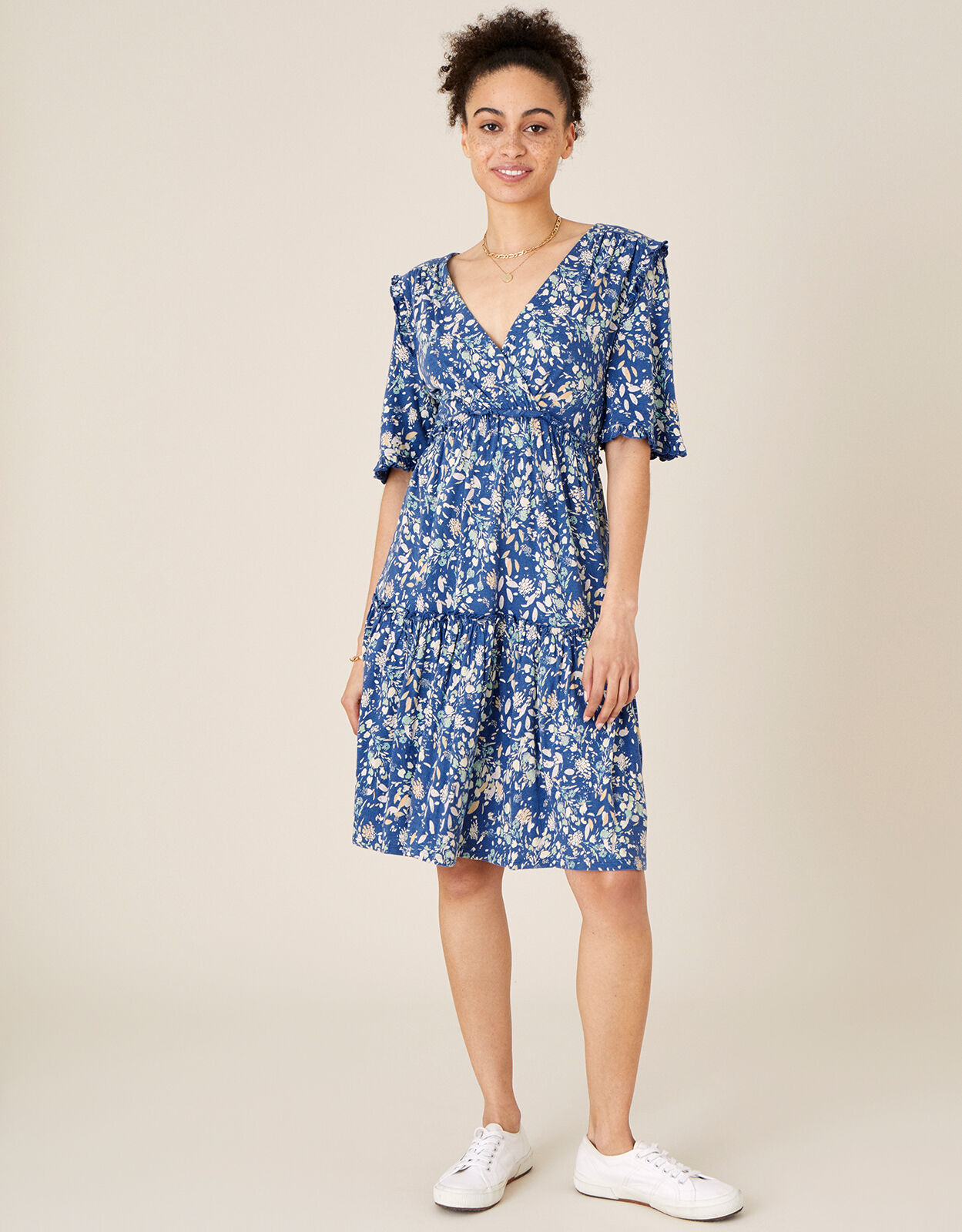 Blue and white floral jersey dress clearance