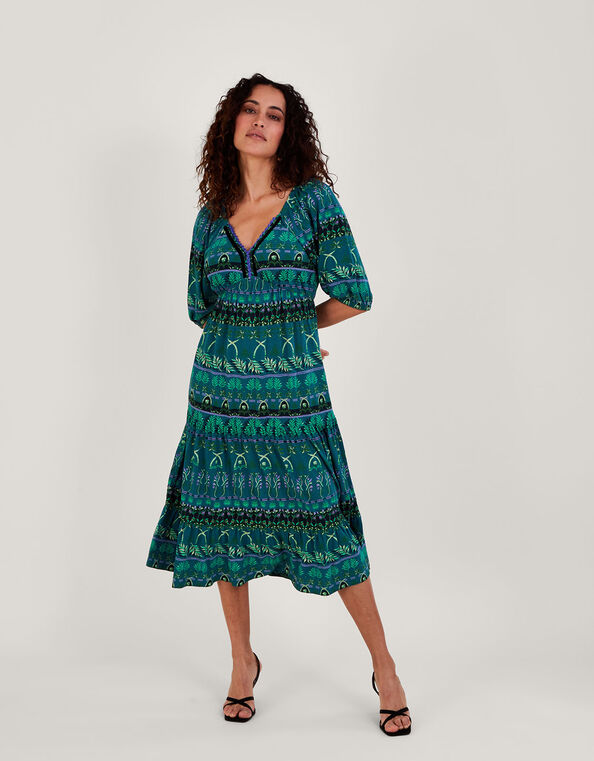 Tiered Leaf Print Midi Jersey Dress with Sustainable Cotton Green, Green (GREEN), large