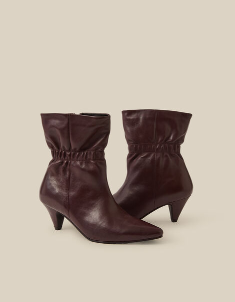 Fia Ruched Leather Kitten Heel Boots, Red (BURGUNDY), large