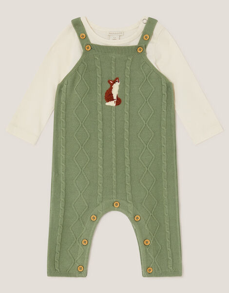 Newborn Fox Cable Knit Dungarees Set, Green (GREEN), large