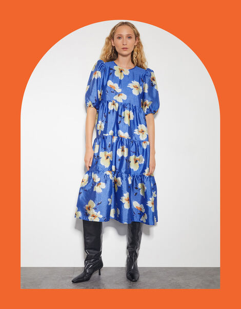 Crās Illustrated Floral Tiered Dress, Blue (BLUE), large
