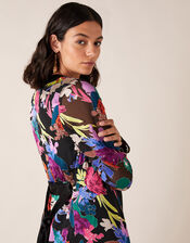 Burnout Floral Print Satin Kimono, Black (BLACK), large