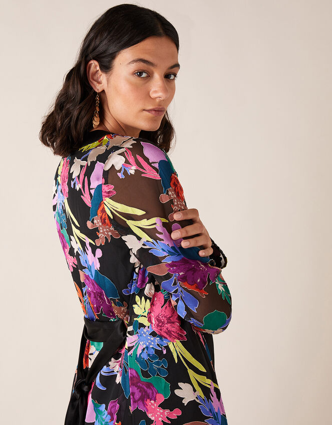 Burnout Floral Print Satin Kimono, Black (BLACK), large