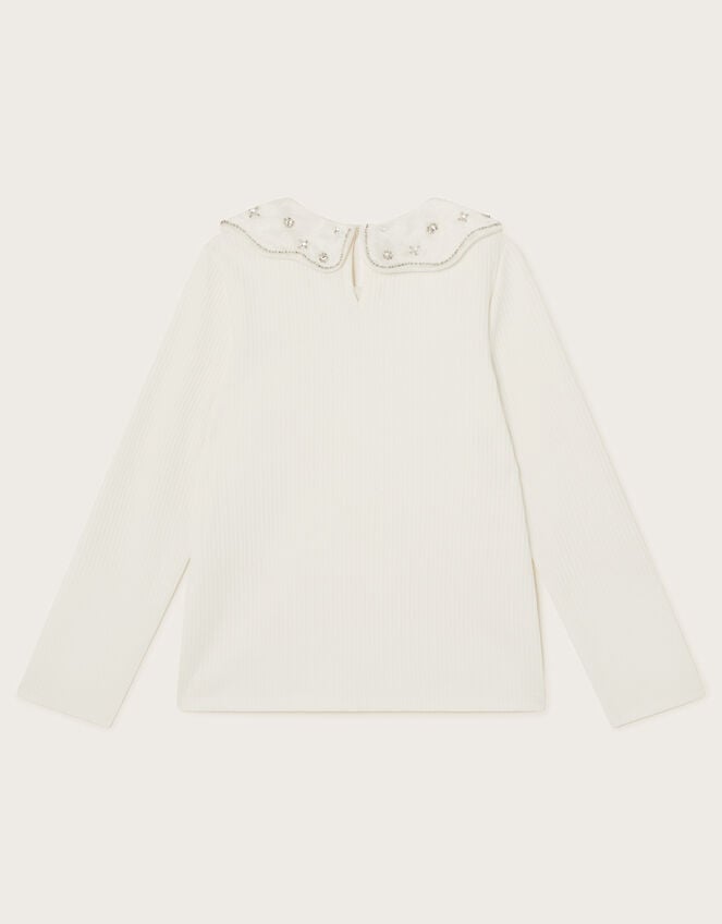 Beaded Collar Long Sleeve Rib Top, Ivory (IVORY), large