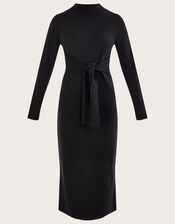 Self Belt Tie Column Dress with Sustainable Viscose, Black (BLACK), large