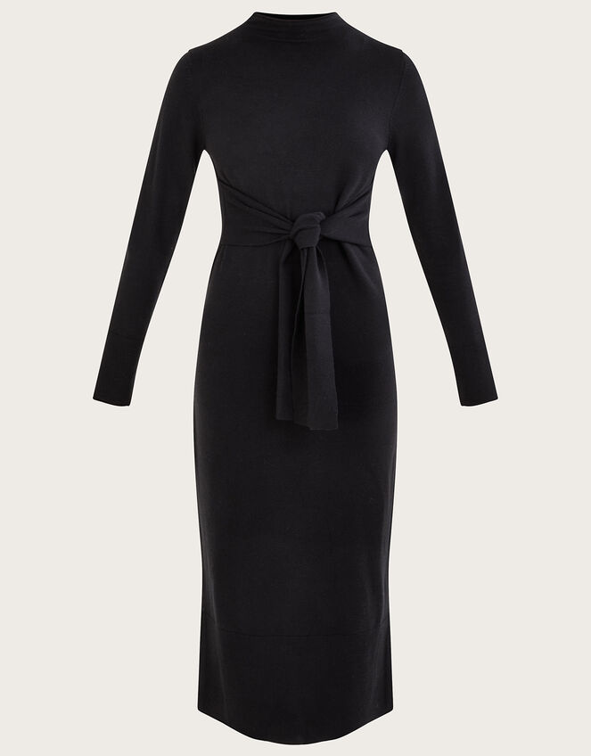 Self Belt Tie Column Dress with Sustainable Viscose, Black (BLACK), large