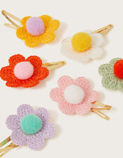 Pom-Pom Crochet Flower Hair Clips 6 Pack, , large