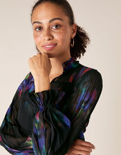 Blur Print Pleated Sleeve Blouse, Black (BLACK), large
