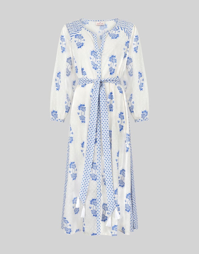 East Amber Hand-Screen Floral Print Midi Dress, Ivory (IVORY), large