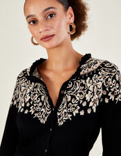 Frill Neck Fair Isle Cardigan with Sustainable Cotton, Black (BLACK), large