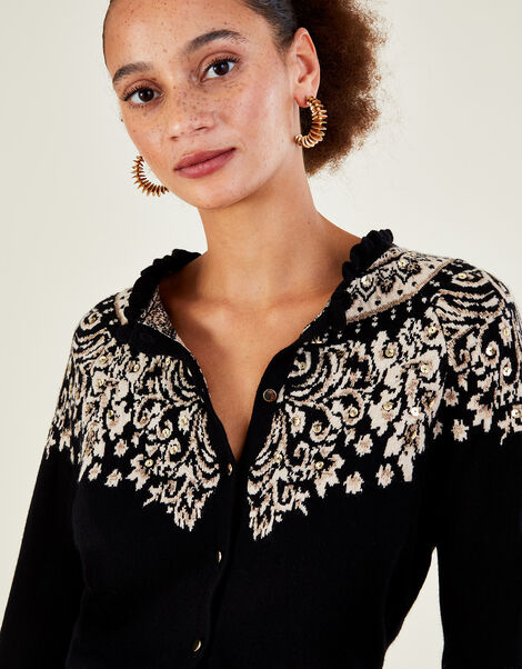 Frill Neck Fair Isle Cardigan with Sustainable Cotton Black, Black (BLACK), large