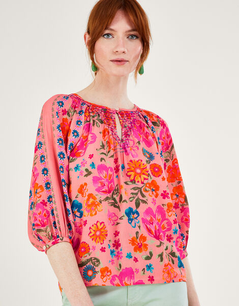 Alina Flower Print Shirred Blouse in LENZING™ ECOVERO™, Orange (CORAL), large