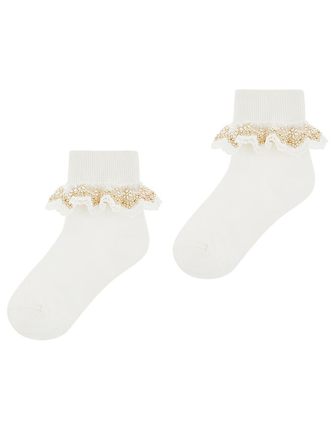 Girl Metallic Floral Ankle Socks, Ivory (IVORY), large
