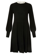 Woven Collar Knit Knee-Length Dress, Black (BLACK), large