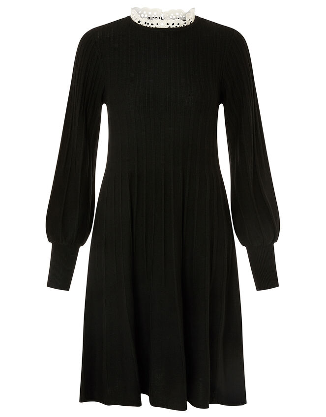Woven Collar Knit Knee-Length Dress, Black (BLACK), large