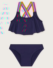 Cross-Back Strap Frill Bikini Set, Blue (NAVY), large