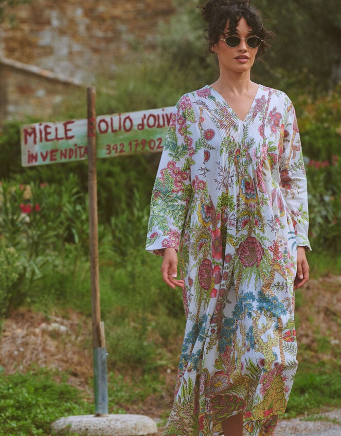 One Hundred Stars Boho Garden Print Midi Dress, Natural (ECRU), large