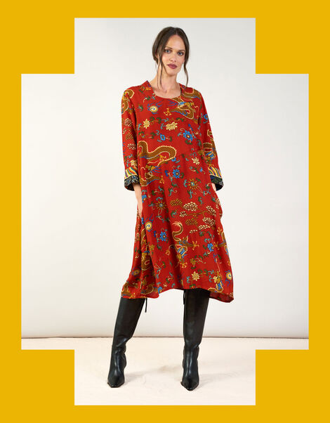 One Hundred Stars Asymmetric Dragon Print Dress, Orange (RUST), large