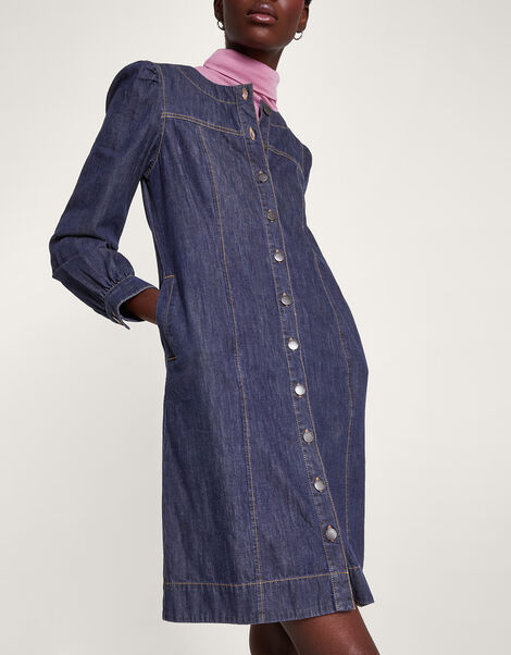 Denim Button Through Shirt Dress in Sustainable Cotton Blue, Blue (INDIGO), large