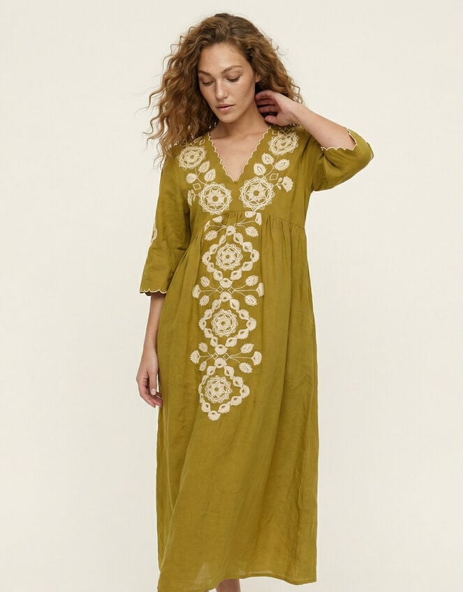 Raffya Arianna Embroidered Midi Dress, Yellow (YELLOW), large