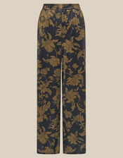 Princella High Waisted Floral Velvet Wide Leg Trousers, Blue (NAVY), large
