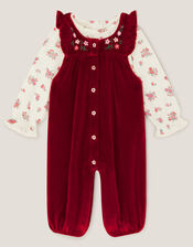Newborn Floral Top & Velour Dungarees Set, Red (RED), large