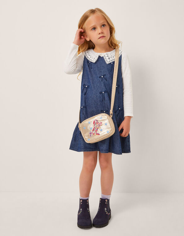 Collar Top & Chambray Bow Dress Set, Blue (BLUE), large