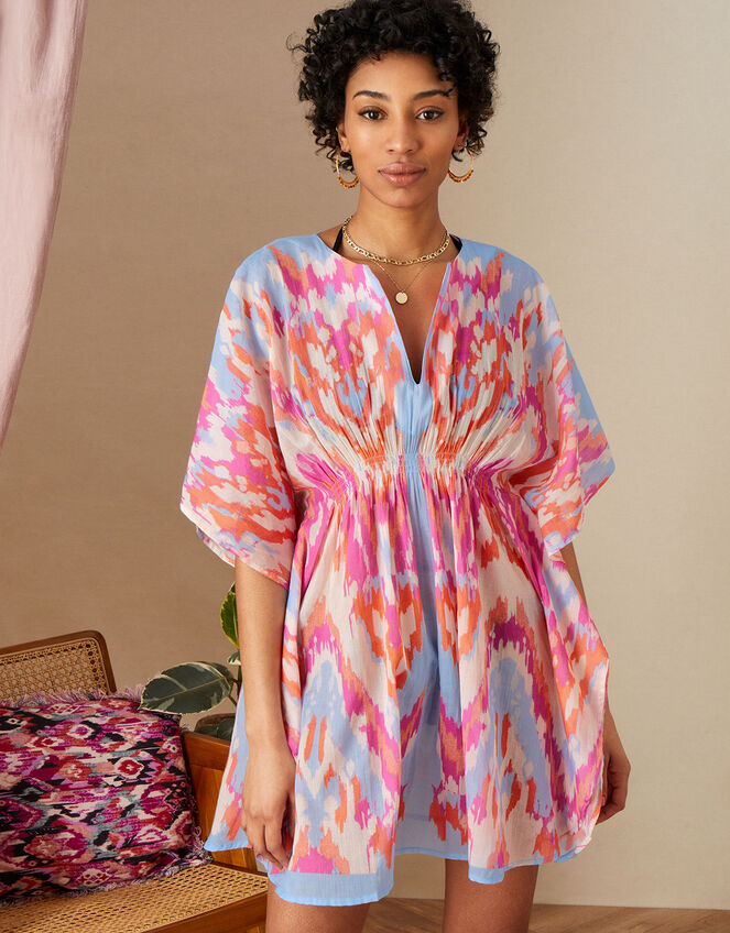 Ikat Printed Kaftan in Organic Cotton, Multi (MULTI), large