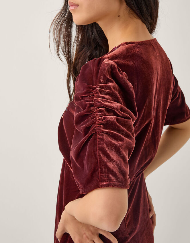 Josie Floral Embroidered Velvet Midi Dress, Copper (COPPER), large